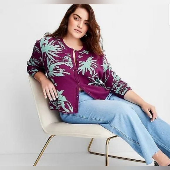 Women's Palm Print Long Sleeve Button-Front Cardigan - Future Collective XXL - Picture 2 of 6